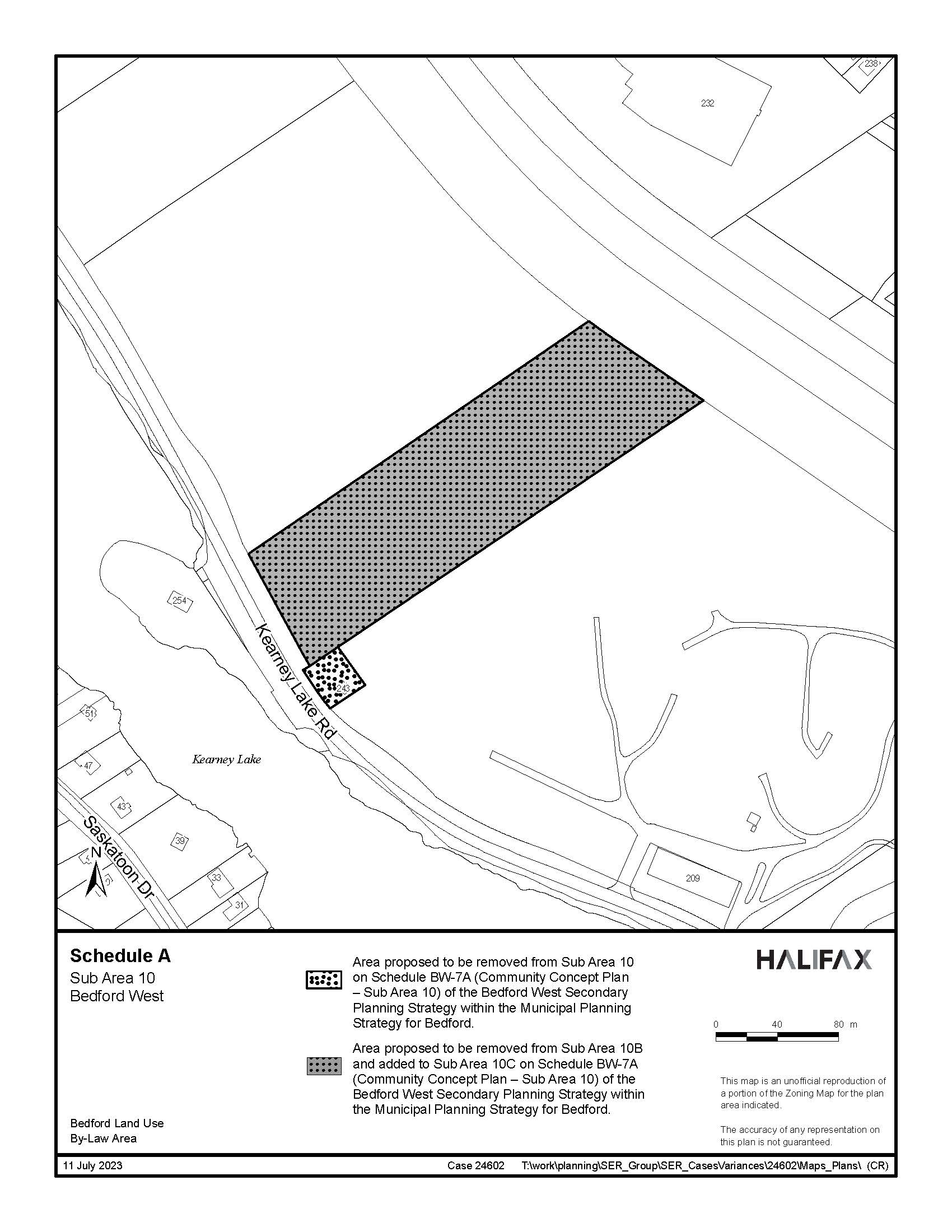 Graphic showing map of changes to Sub Area 10 Bedford West in the Bedford Land Use By-law