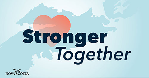 Province of Nova Scotia with a heart and the words stronger together overlaid