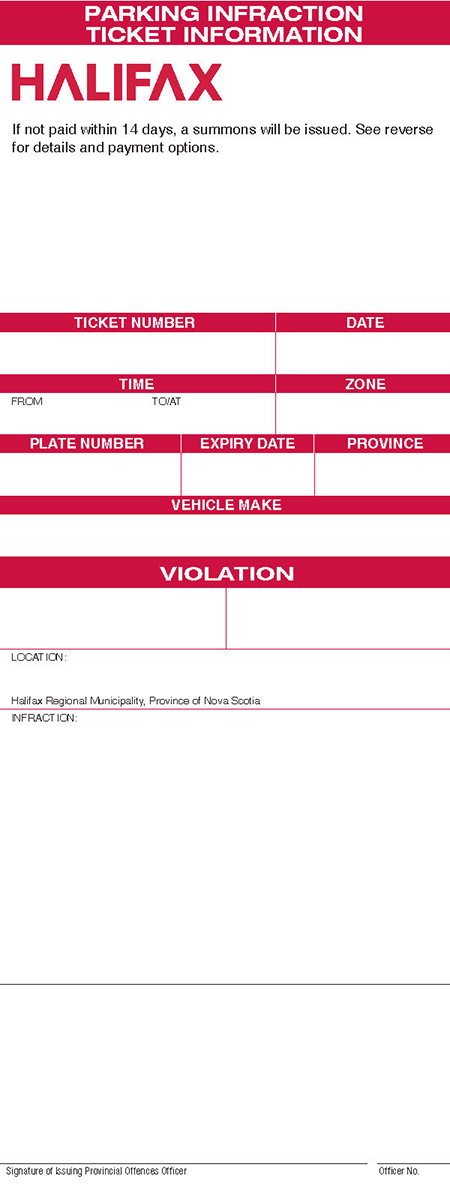 Form B-1: Parking-Infraction Ticket for Halifax Regional Municipality