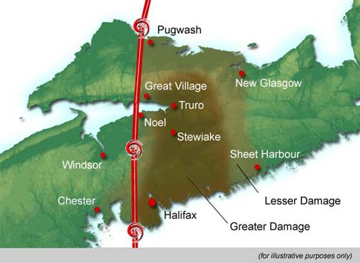 Map showing storm track and area greatest impact. Track (red line) shown is approximate; abridged from Canadian Hurricane Centre - Environment Canada.