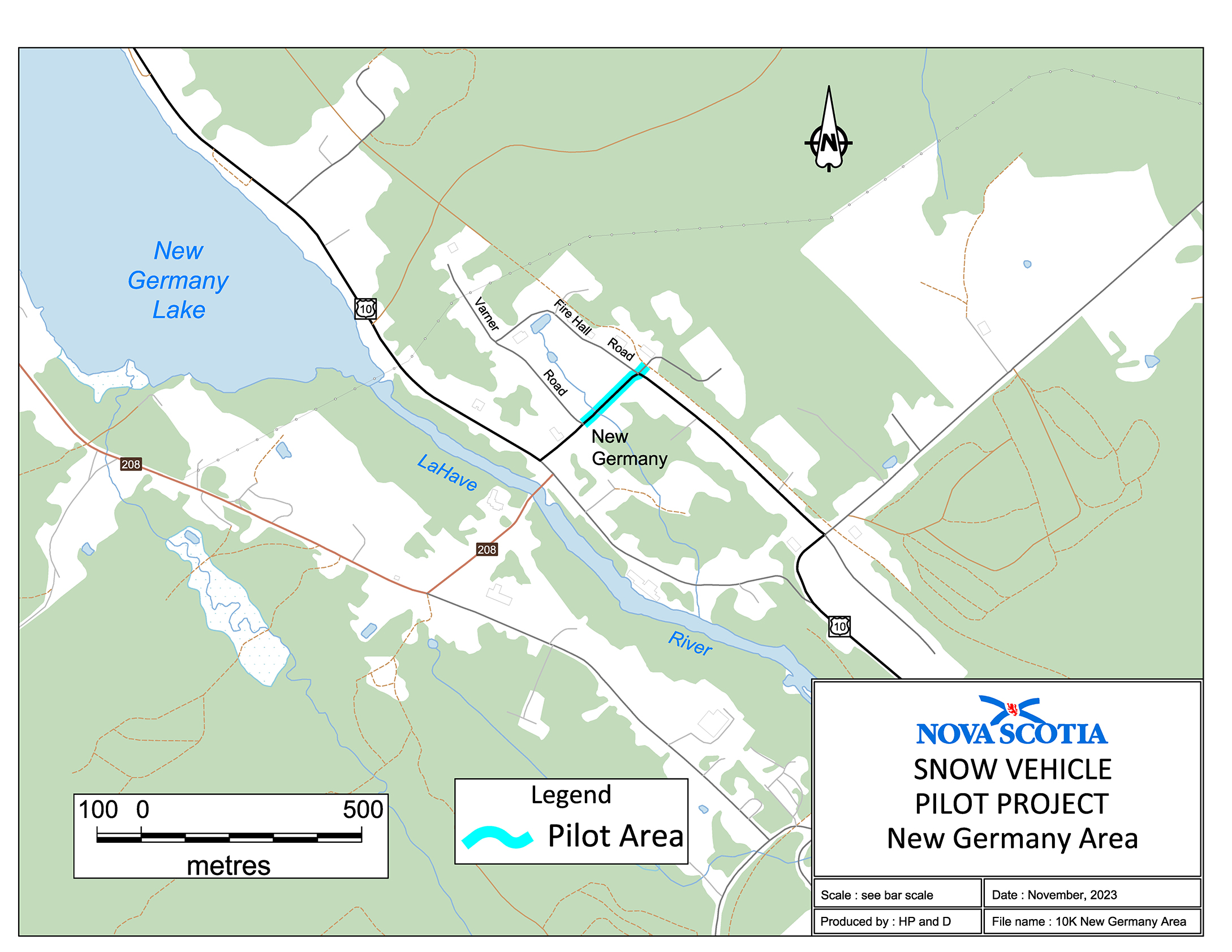 Graphic showing map of the Snow Vehicle Pilot Project New Germany Area