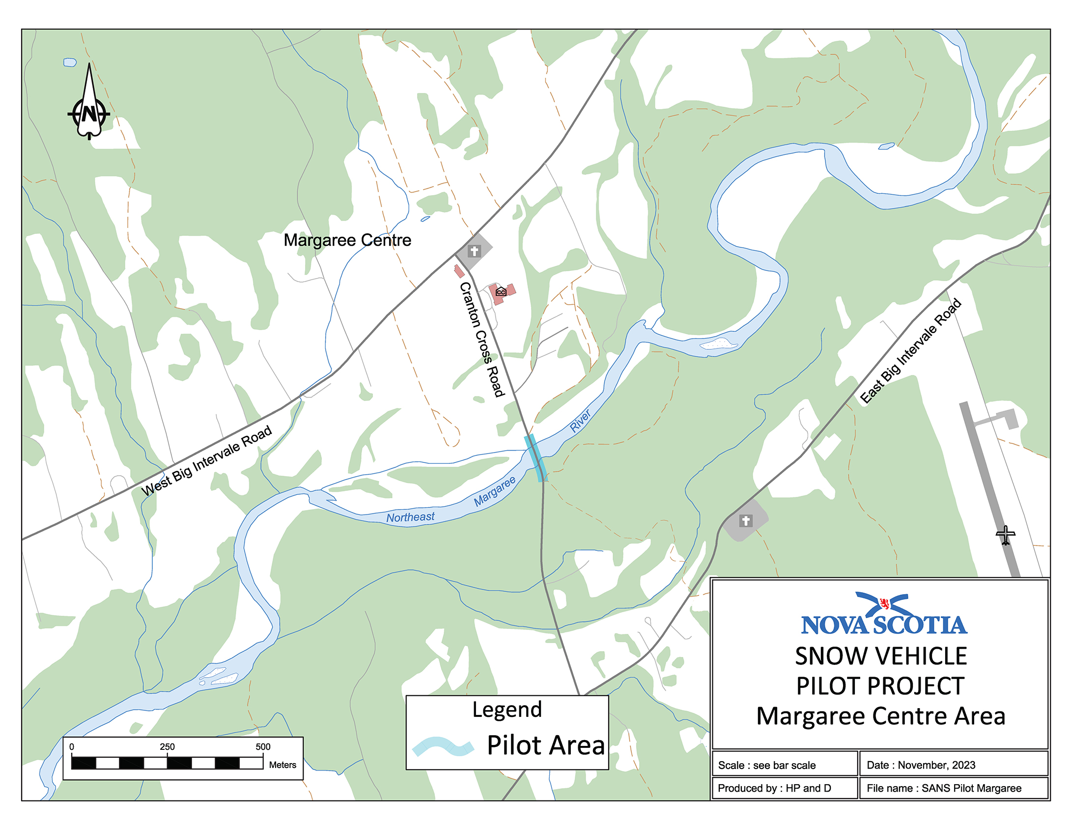 Graphic showing map of the Snow Vehicle Pilot Project Margaree Centre Area